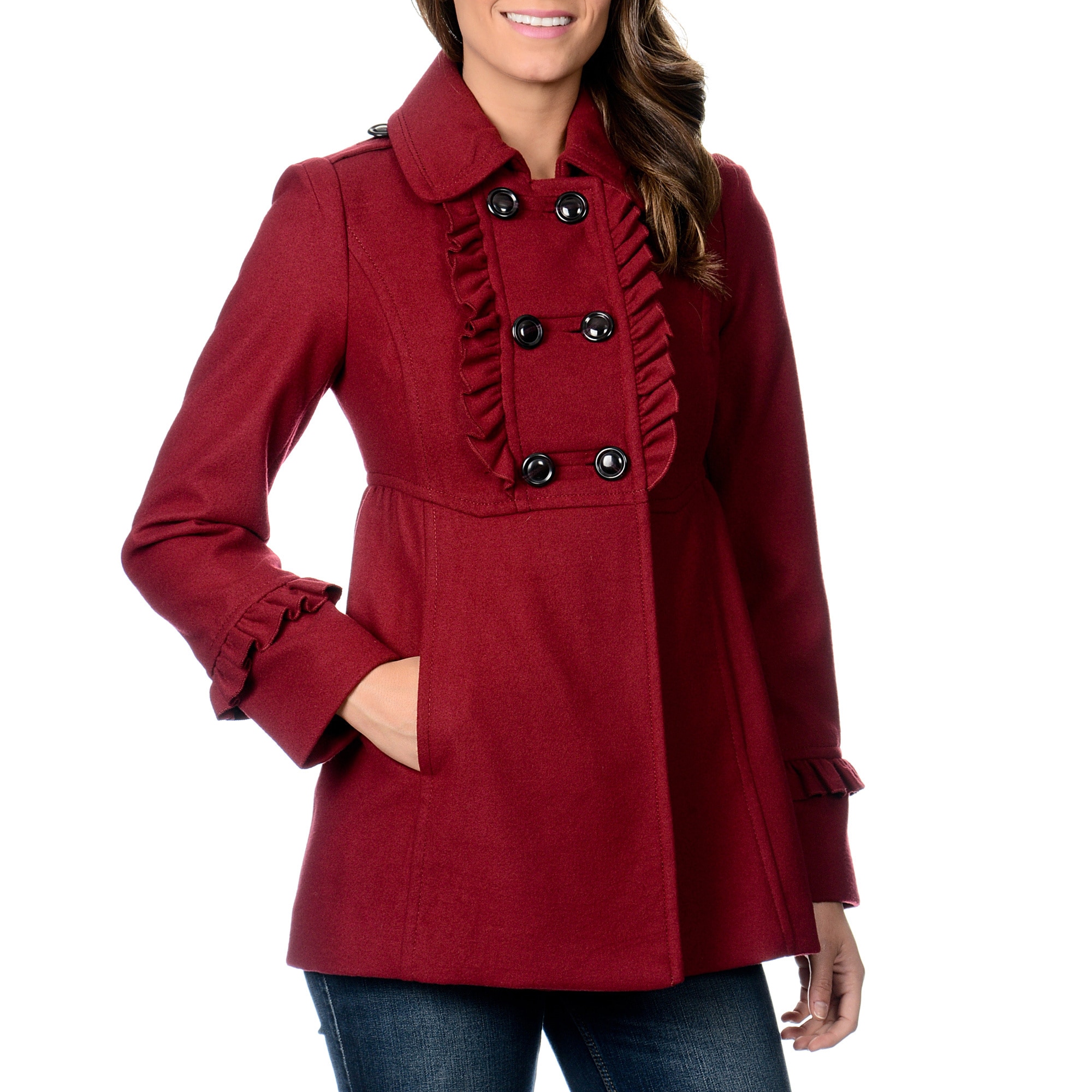 Kensie Womens Double Breasted Ruffle Coat