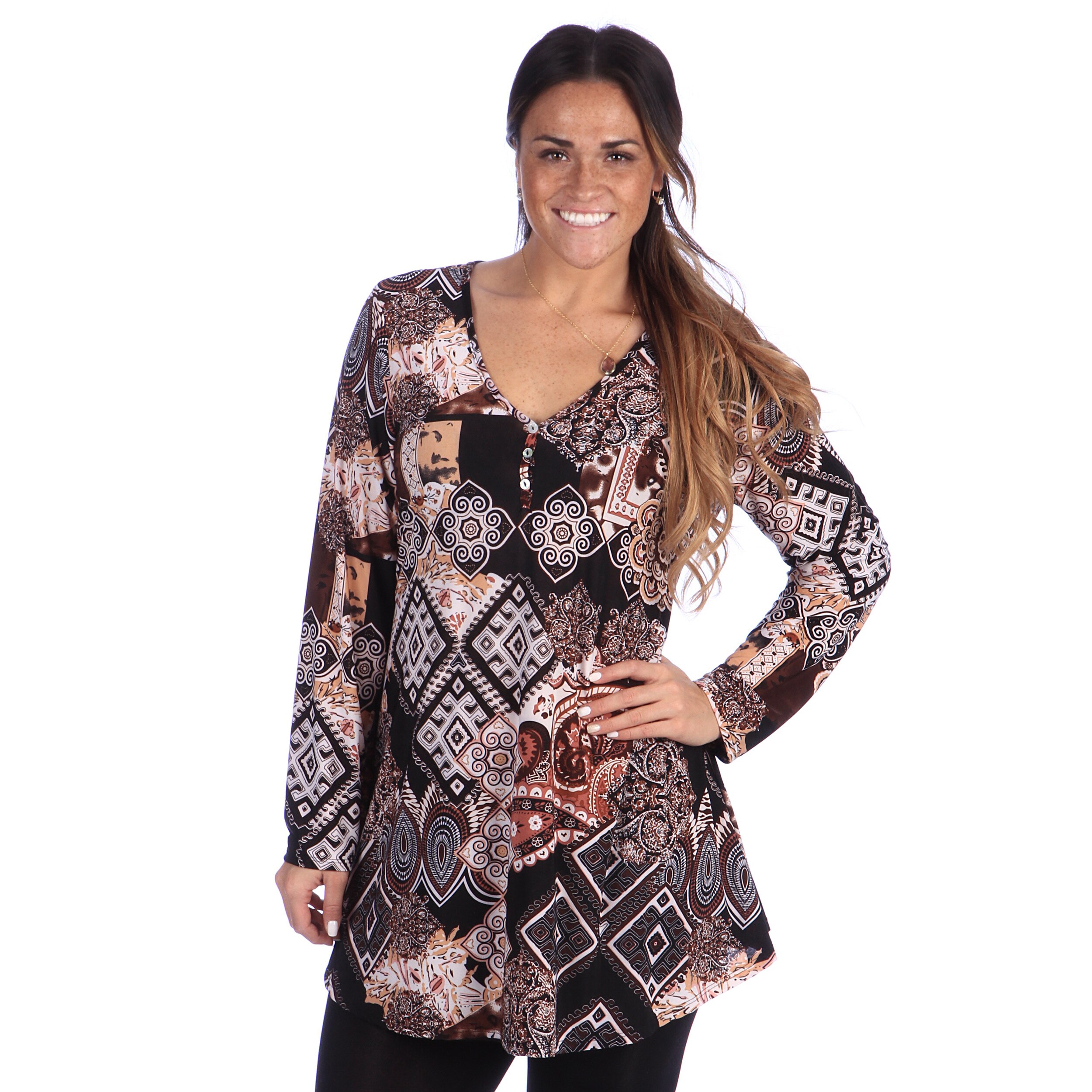 24/7 Comfort Apparel Plus Size Womens Printed Long Sleeve Three Button Tunic Top