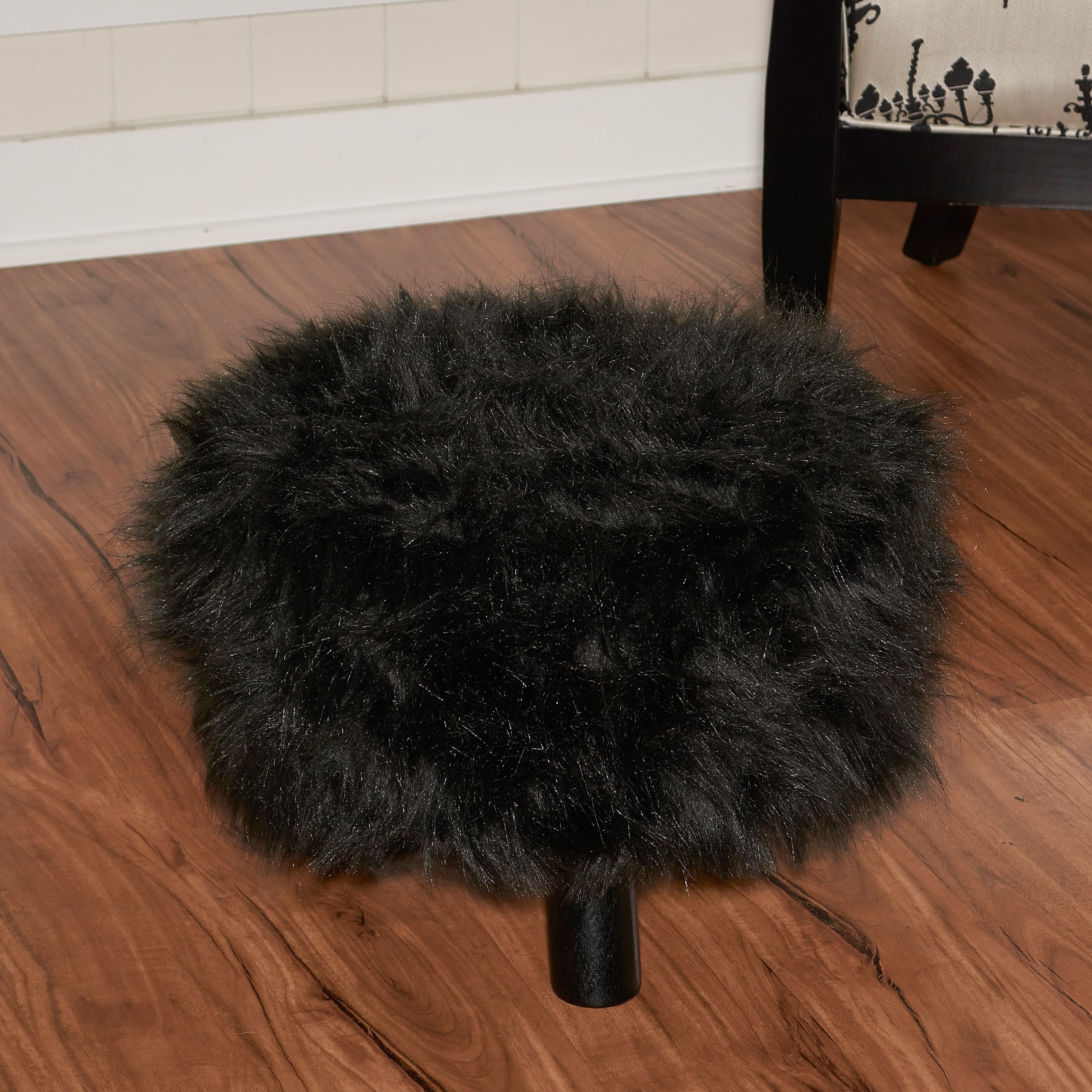 Black Faux Flokati Foot Stool