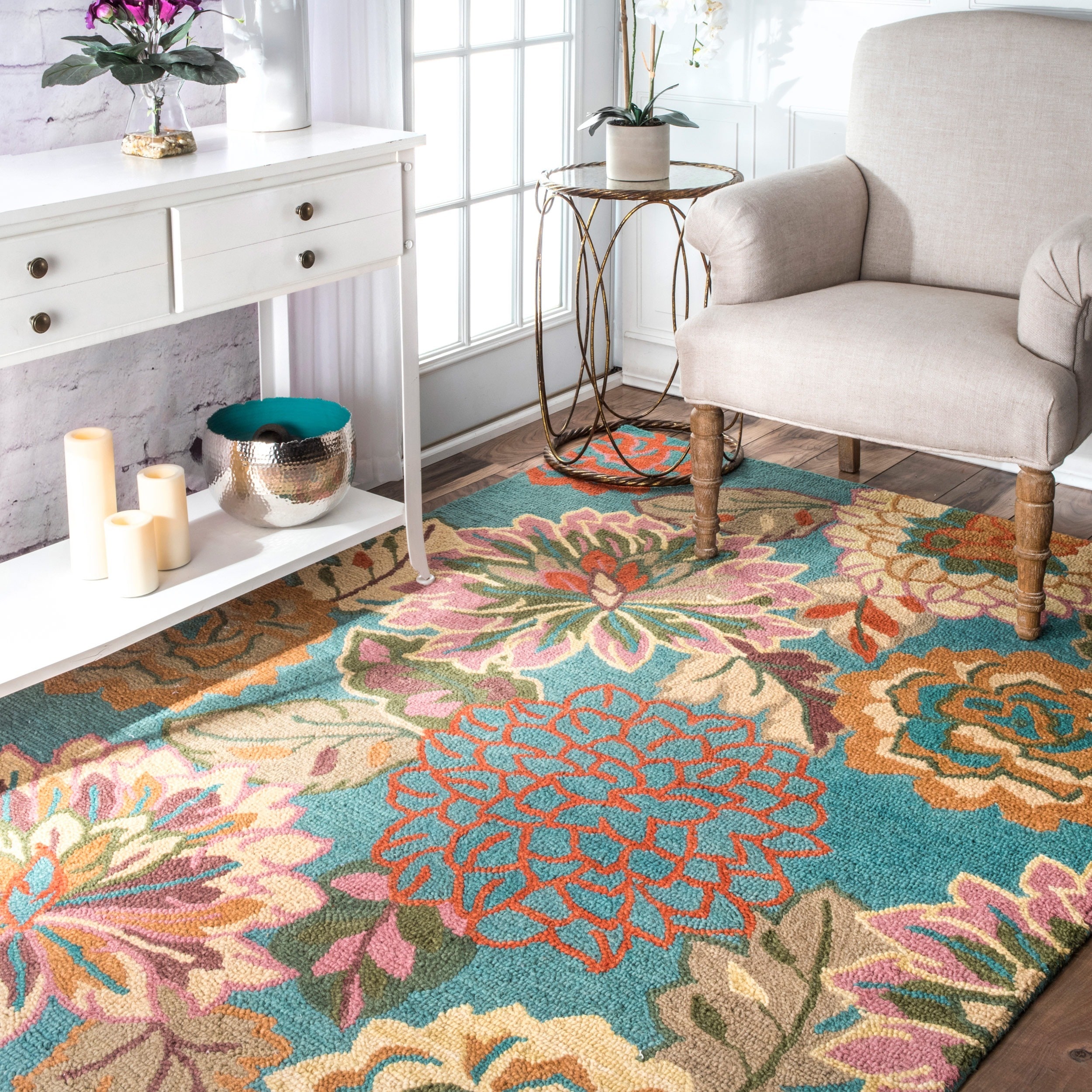 Nuloom Handmade Bold Floral Blue Wool Rug (86 X 116)