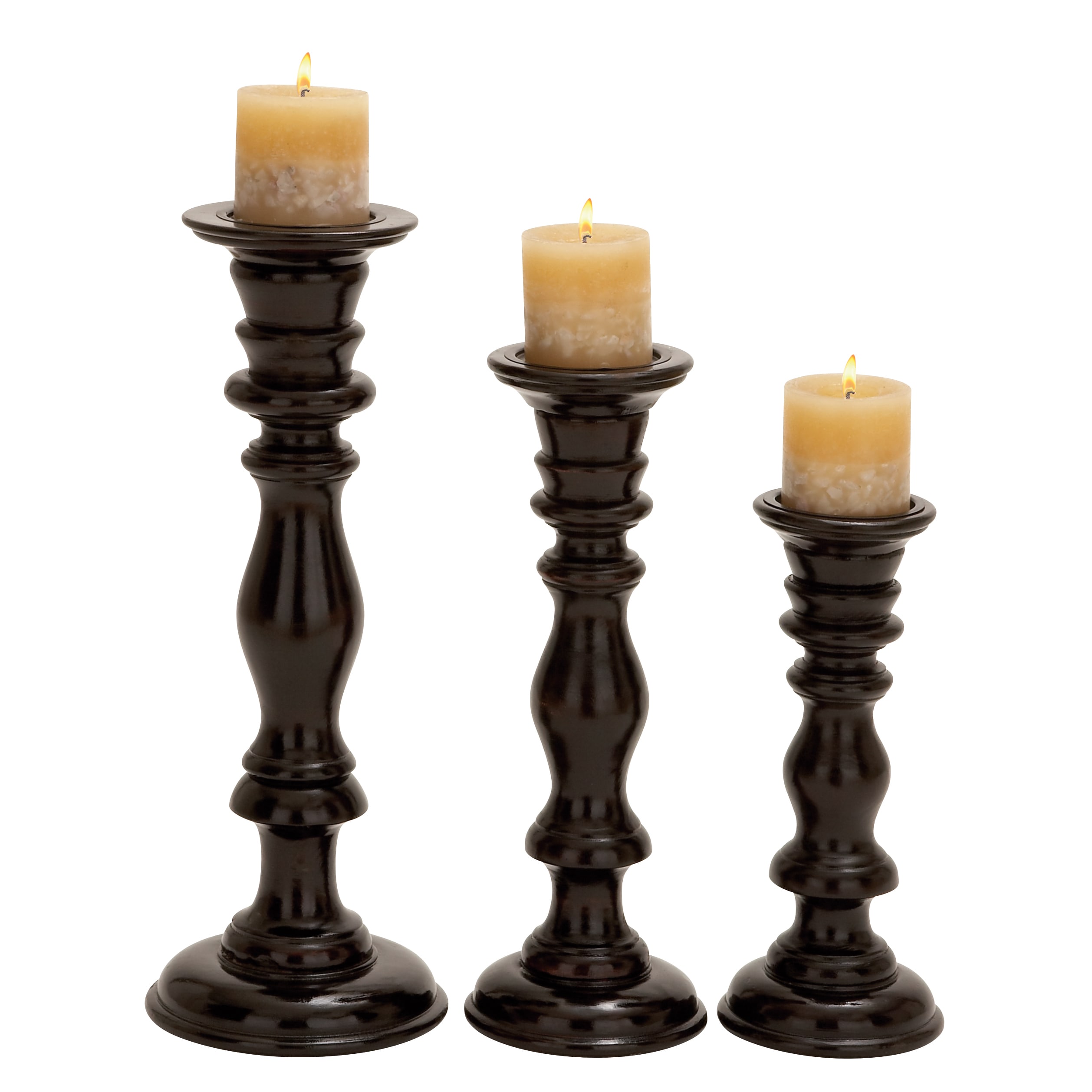 Black Wood Antique Candle Holders (set Of 3) (Quality wood Finish Black3 piece set includesLarge candle holder 7 inches diameter x 18 inches highMedium candle holder 7 inches diameter x 15 inches highSmall candle holder 7 inches diameter x 12 inches h