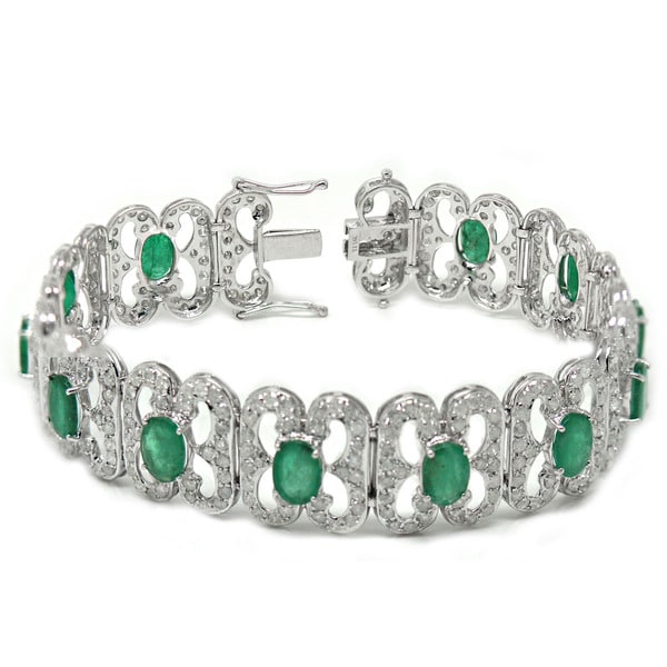 De Buman 14K White Gold Genuine Emerald and 6 1/6ct TDW Diamond Bracelet (H I, I1 I2) De Buman Gemstone Bracelets