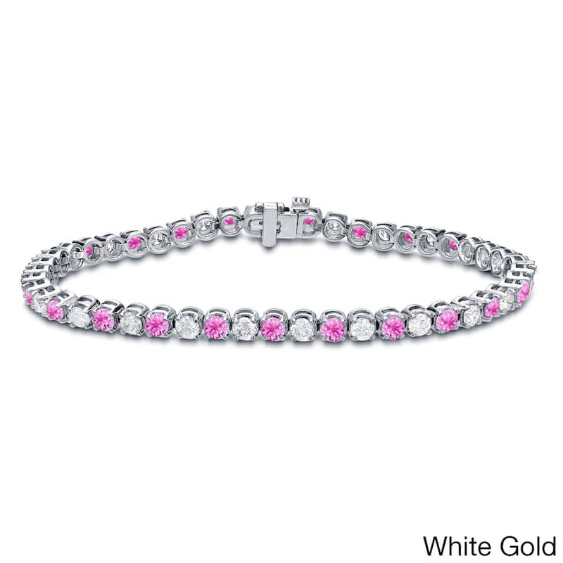 Auriya 1 1/2ct Round Pink Sapphire and 1 1/2ct TDW Diamond Tennis Bracelet 14k Gold - White