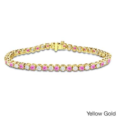 Auriya 1 1/2ct Round Pink Sapphire and 1 1/2ct TDW Diamond Tennis Bracelet 14k Gold