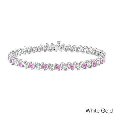 Auriya 1 1/2ct Pink Sapphire and 1 1/2ctw S-Link Diamond Tennis Bracelet 14k Gold