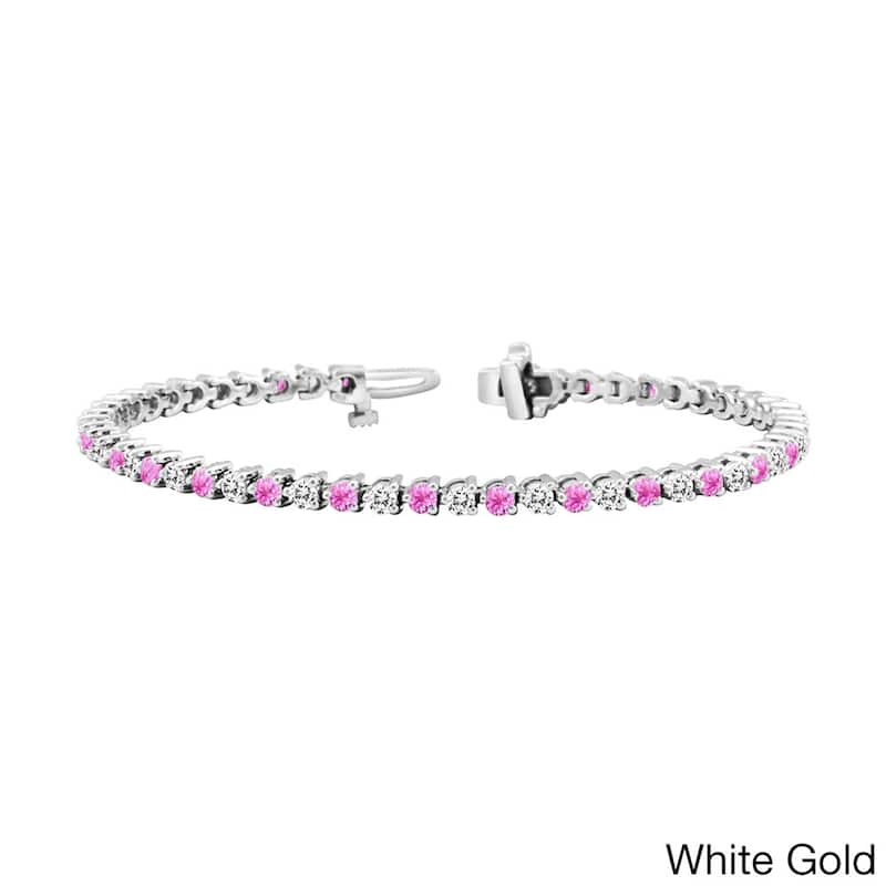 Auriya 1 1/2ct Pink Sapphire and 1 1/2ct TW 3-Prong Diamond Tennis Bracelet 14k Gold - White