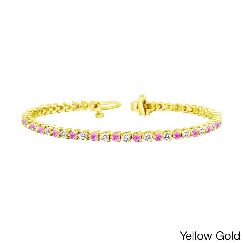 Auriya 1 1/2ct Pink Sapphire and 1 1/2ct TW 3-Prong Diamond Tennis Bracelet 14k Gold - Yellow