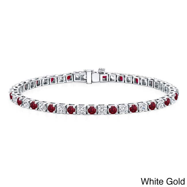 Auriya 3 1/2ct Round Red Ruby and 3 1/2ctw Diamond Tennis Bracelet 14k Gold - White