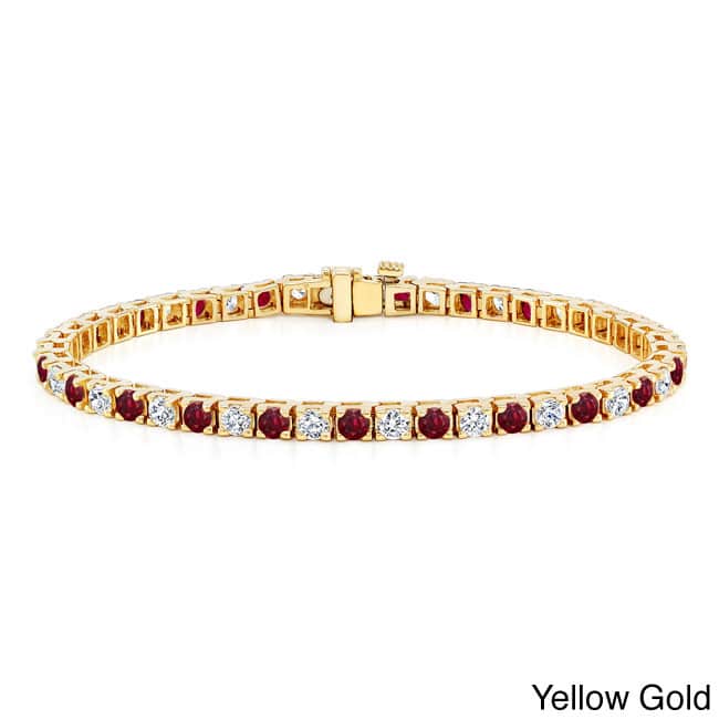 Auriya 3 1/2ct Round Red Ruby and 3 1/2ctw Diamond Tennis Bracelet 14k Gold - Yellow