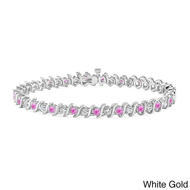 Auriya 3 1/2ct Pink Sapphire and 3 1/2ctw S-Link Diamond Tennis Bracelet 14k Gold - White