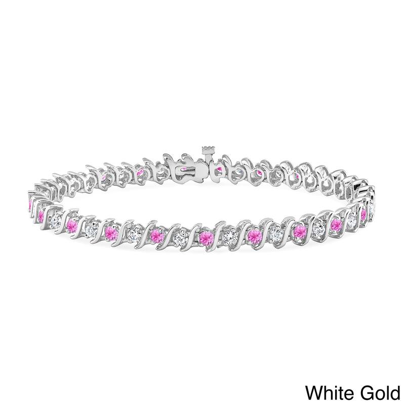 Auriya 5ct Pink Sapphire and 5ctw S-Link Diamond Tennis Bracelet 14k Gold - White