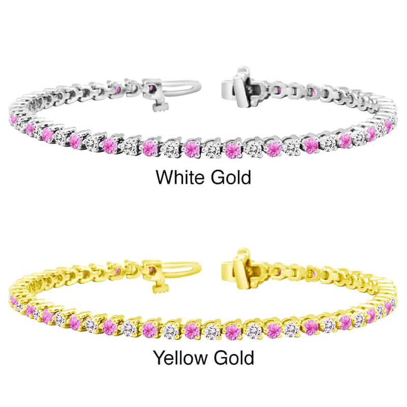 Auriya 2 1/2ct Pink Sapphire and 2 1/2ct TW 3-Prong Diamond Tennis Bracelet 14k Gold