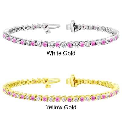 Auriya 2 1/2ct Pink Sapphire and 2 1/2ct TW 3-Prong Diamond Tennis Bracelet 14k Gold
