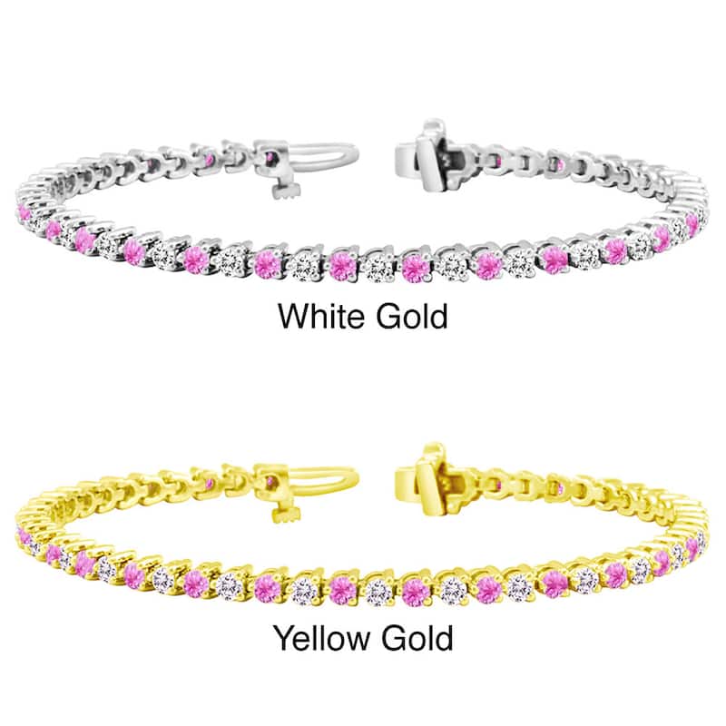 Auriya 3 1/2ct Pink Sapphire and 3 1/2ct TW 3-Prong Diamond Tennis Bracelet 14k Gold