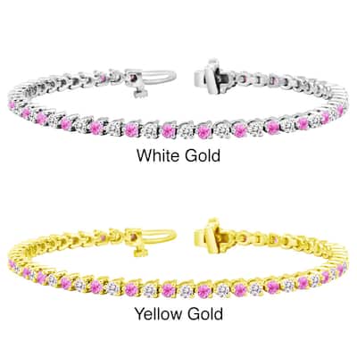 Auriya 3 1/2ct Pink Sapphire and 3 1/2ct TW 3-Prong Diamond Tennis Bracelet 14k Gold
