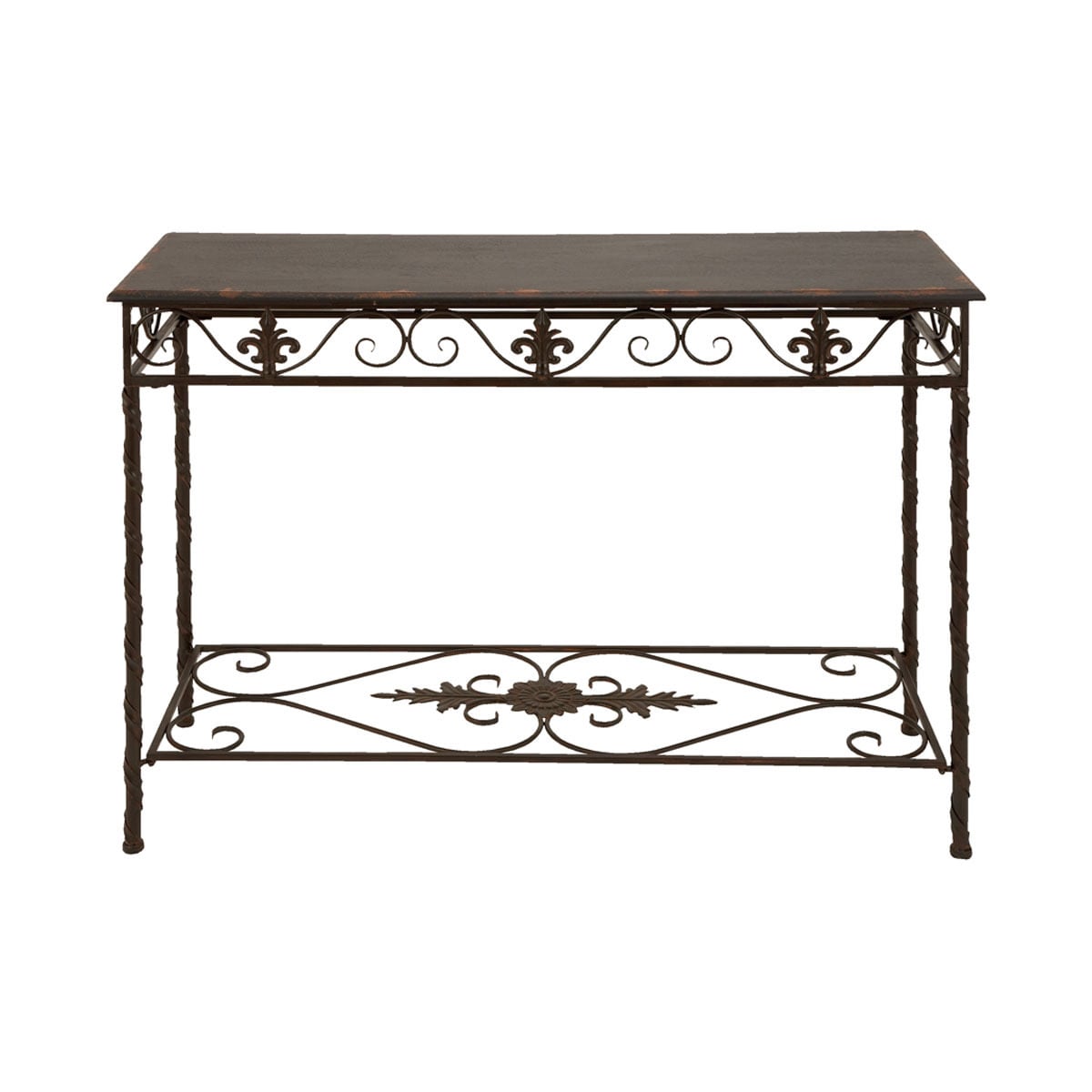 Brown Metal/ Wood Console Table (BrownMaterial Rust free premium grade metal alloyQuantity One (1)Setting IndoorDimensions 32 inches high x 43 inches wide Rust free premium grade metal alloyQuantity One (1)Setting IndoorDimensions 32 inches high x 