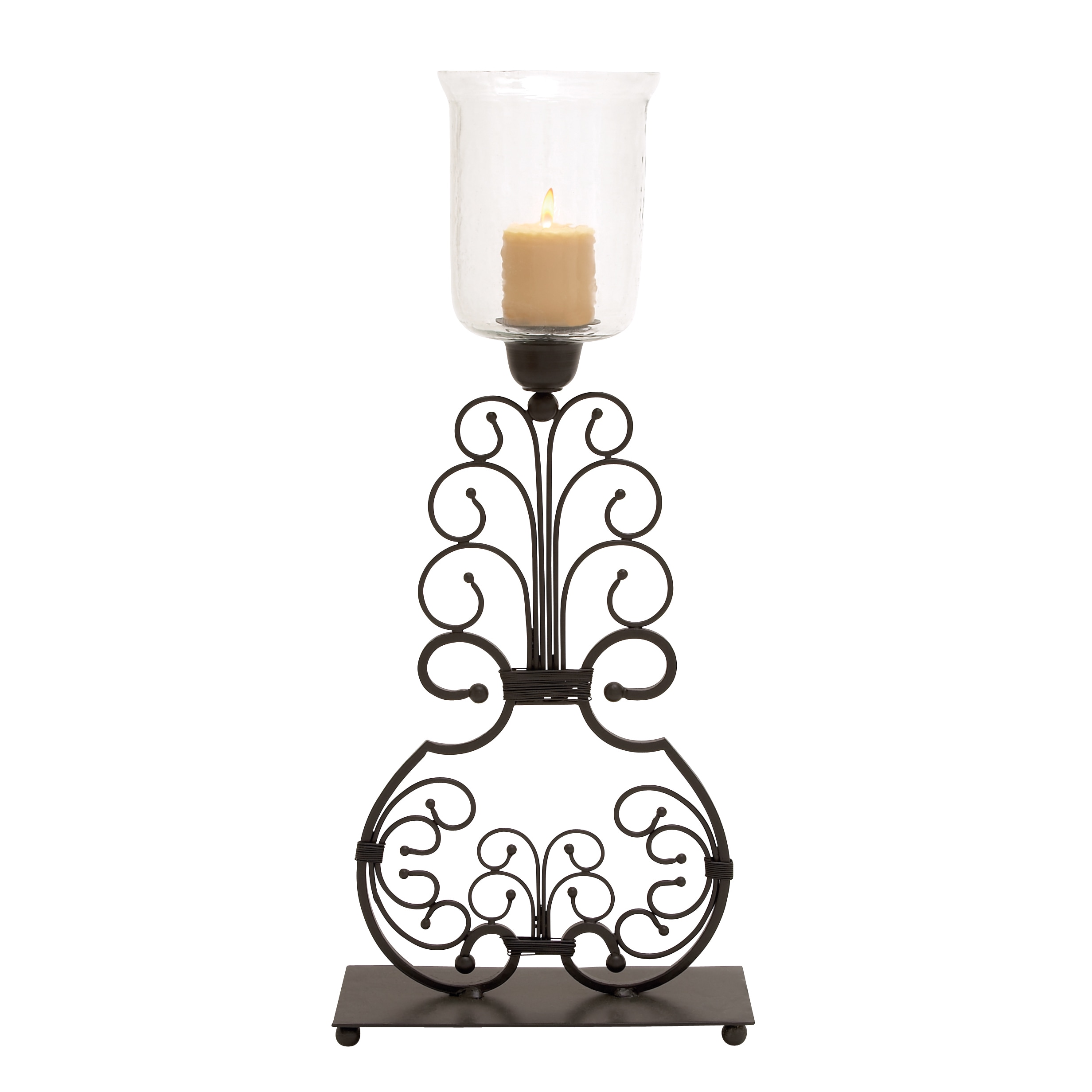 Curved Metal Hurricane Lamp (BrownMaterial Metal, hurricane glassQuantity One (1)Setting IndoorDimensions 31 inches high x 14 inches wide x 5 inches deep Metal, hurricane glassQuantity One (1)Setting IndoorDimensions 31 inches high x 14 inches wide