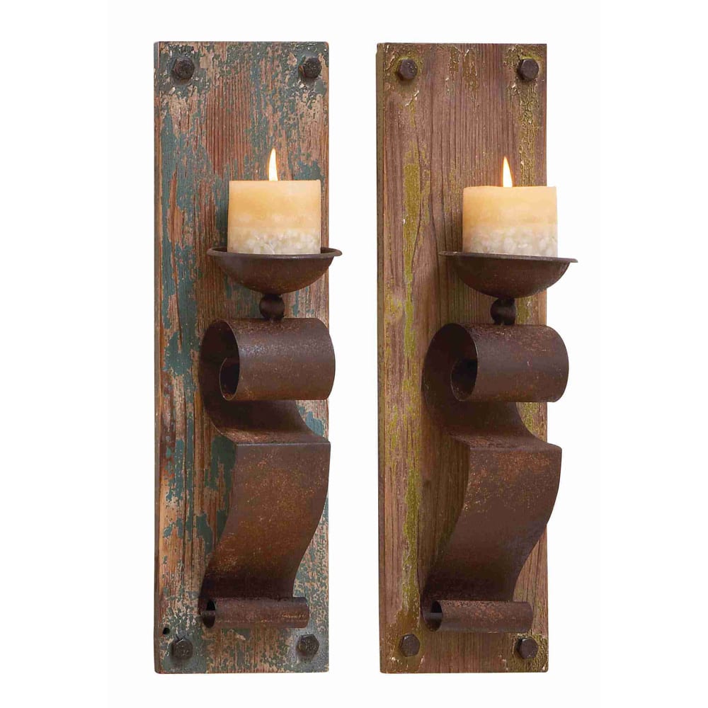 Wood and Metal Rustic Candle Sconces (Set of 2)