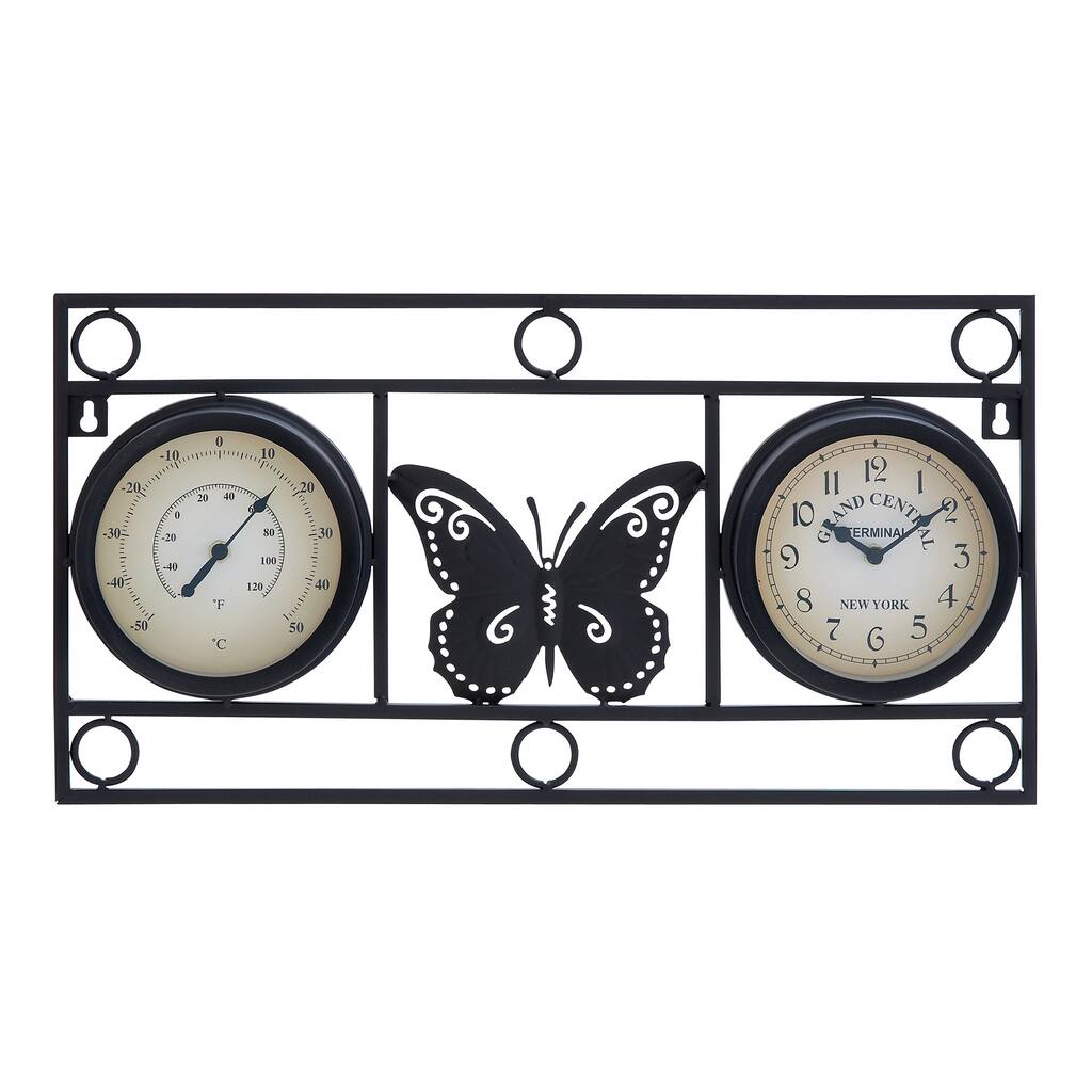 Clock Thermometer with Bold Metal Butterfly Motif