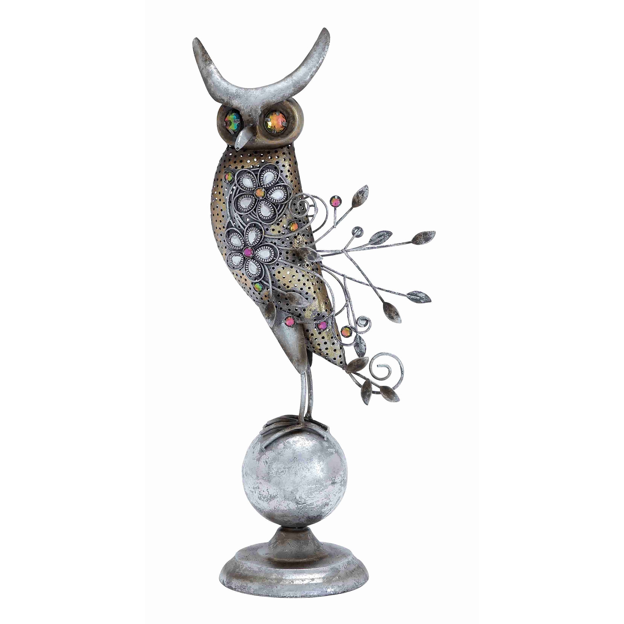 Metal Owl Perched On A Small Metal Globe