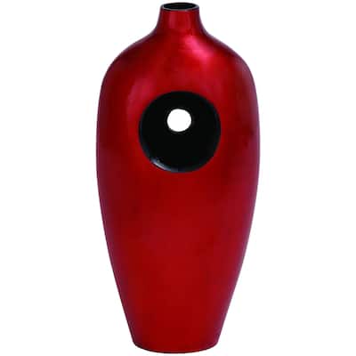 Intricately Carved Ceramic Lacquer Vase with Fiery Red Tint