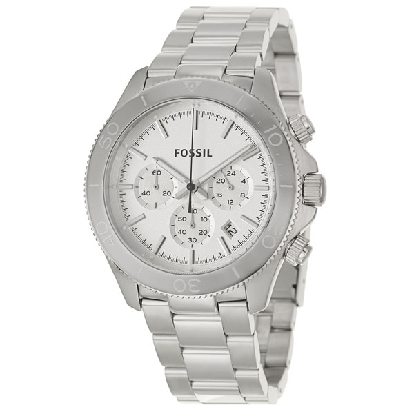 Fossil Men's 'Retro Traveler' Silver Stainless Steel Chronograph Military Time Watch Fossil Men's Fossil Watches