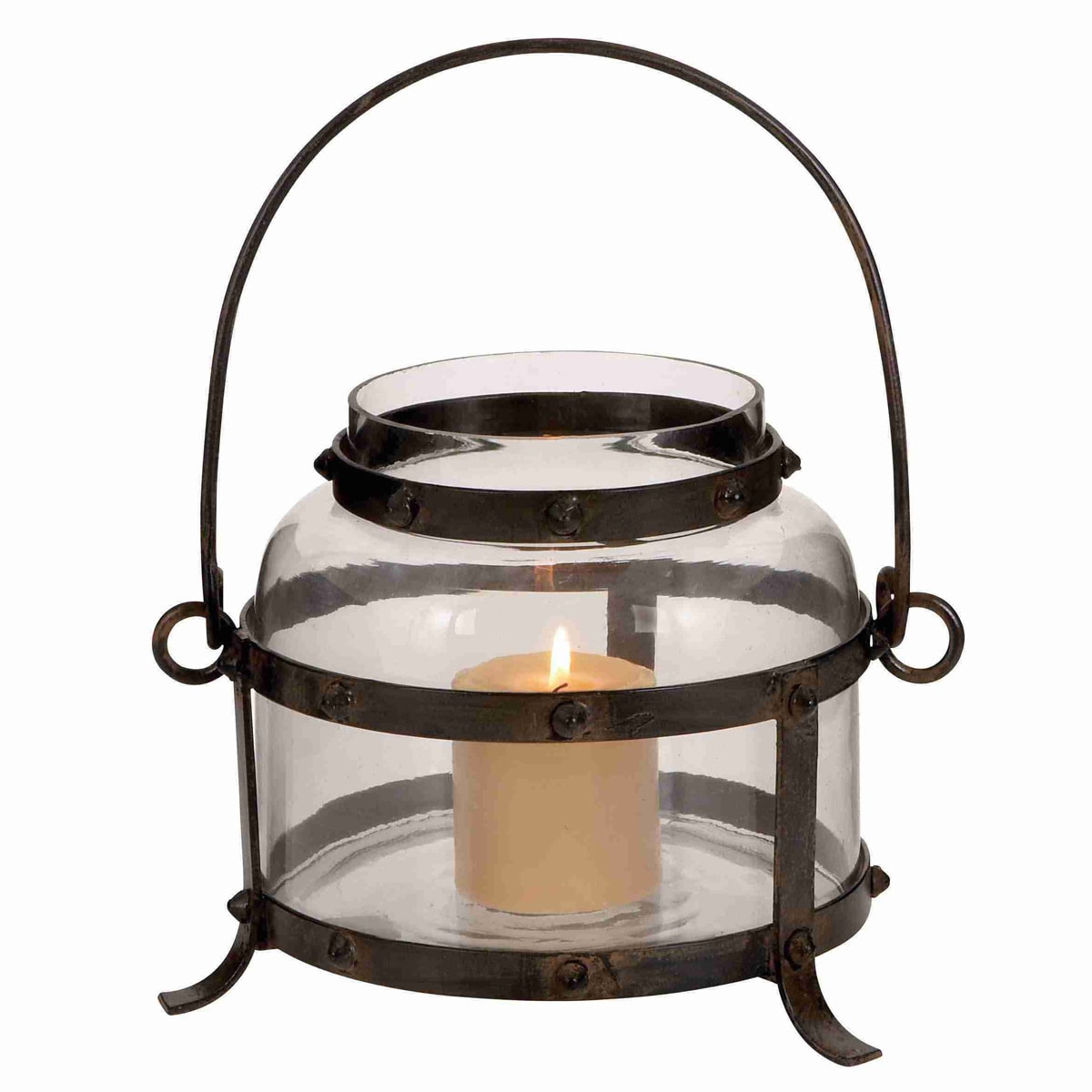 Metal Glass Lantern In Antique Worn Finish