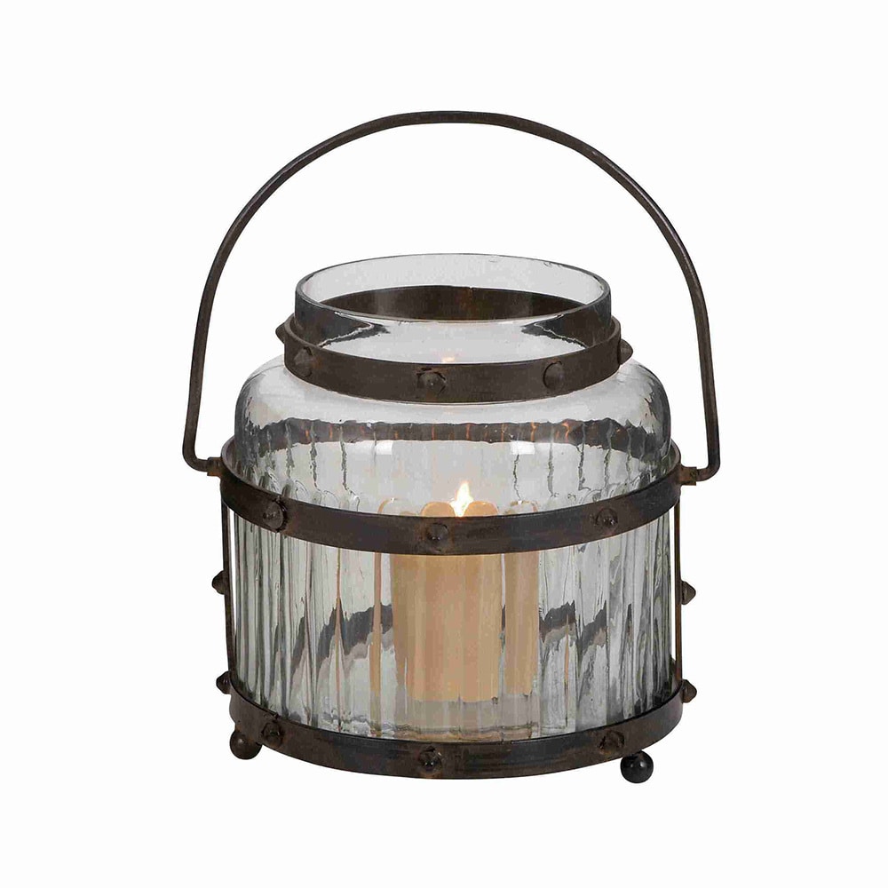 Glass Lantern With Metal Handle (ClearMaterials Glass with metal holderQuantity One (1) lanternSetting Indoor or outdoorDimensions 9 inches long x 9 inches wide x 9 inches high )