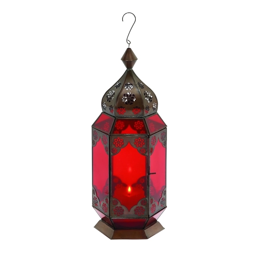 Traditional Metal Lantern With Red Glass (RedMaterials Glass, metalQuantity One (1) lanternSetting Indoor and outdoorDimensions 17 inches high x 7 inches wide x 7 inches deep )