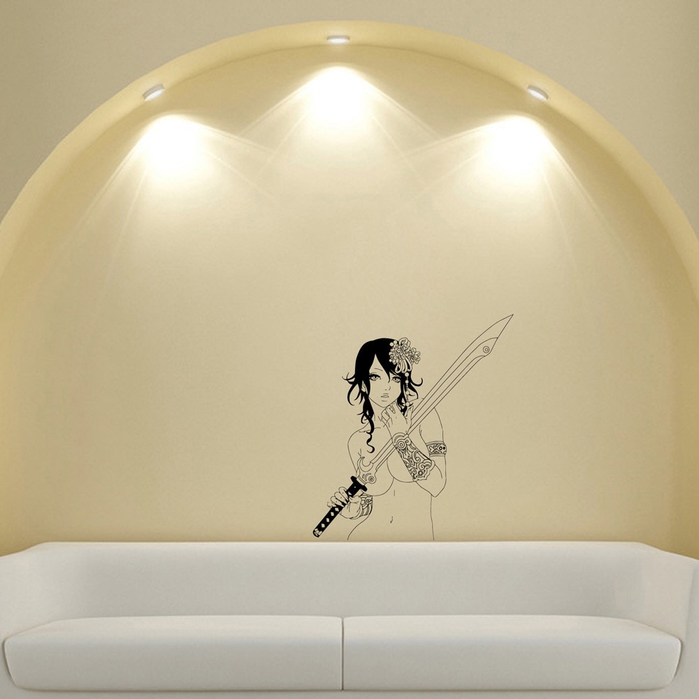 Japanese Manga Girl Weapons Flowers Vinyl Wall Sticker (Glossy blackEasy to applyInstructions includedDimensions 25 inches wide x 35 inches long )