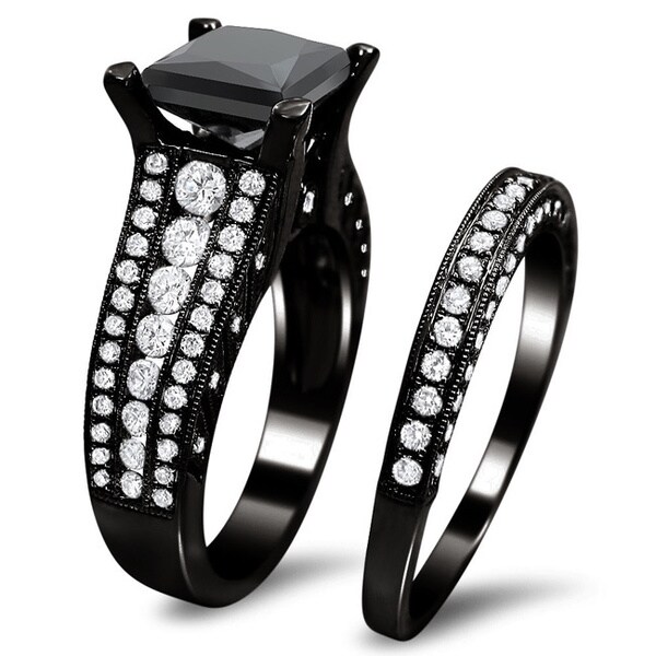 Noori 18k Gold 4ct TDW Certified Princess-cut Black and White Diamond Ring Set
