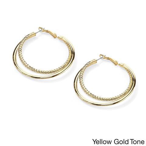 Gold Tone Textured and Smooth Double Hoop Earrings (55mm)