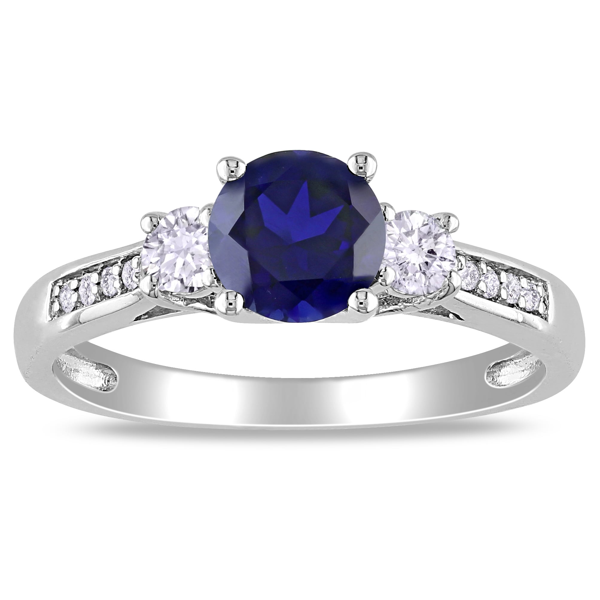 Miadora 10k White Gold Created Sapphire and Diamond 3-stone Ring (H-I, I2-I3)