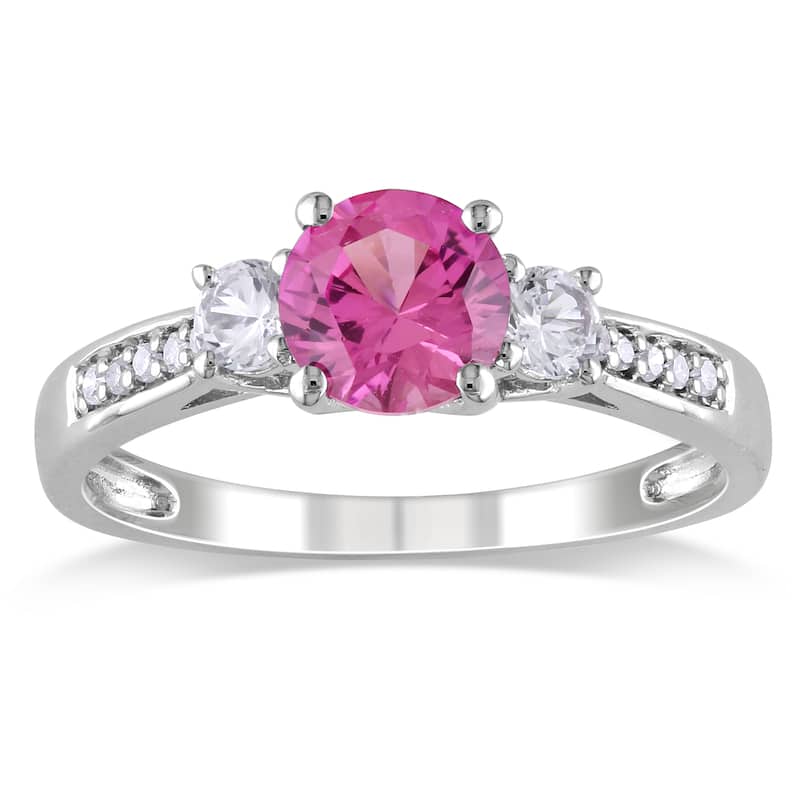 Miadora 10k White Gold Created Pink and White Sapphire and Diamond 3-stone Engagement Ring (G-H, I2- - 5.5