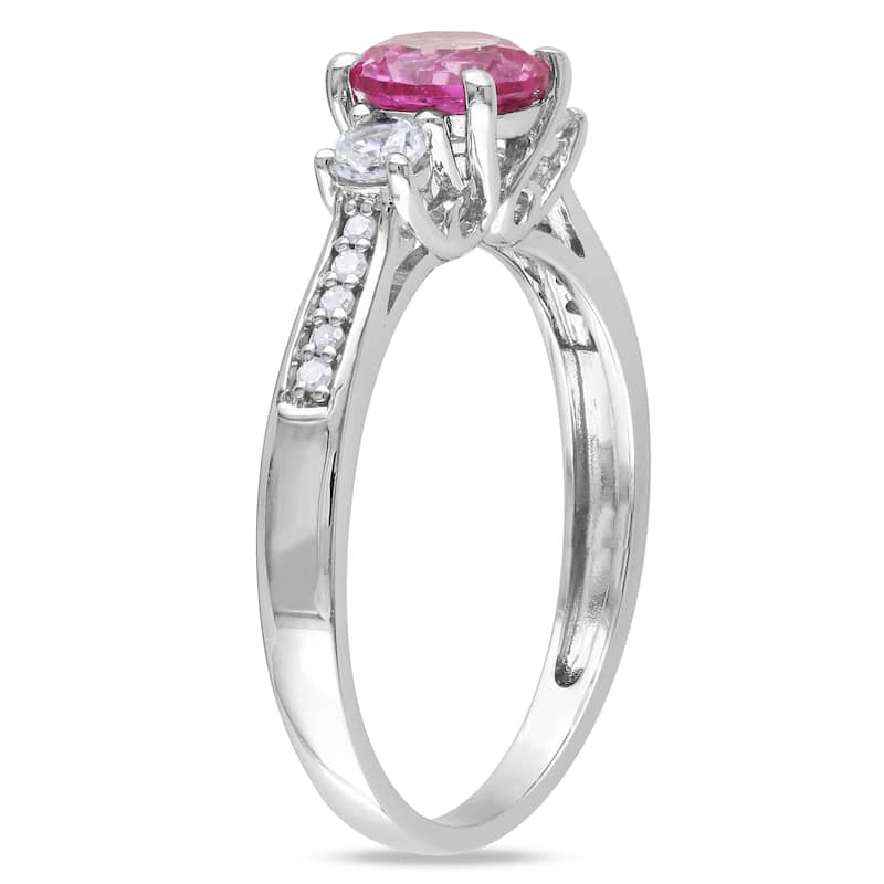 Miadora 10k White Gold Created Pink and White Sapphire and Diamond 3-stone Engagement Ring (G-H, I2-