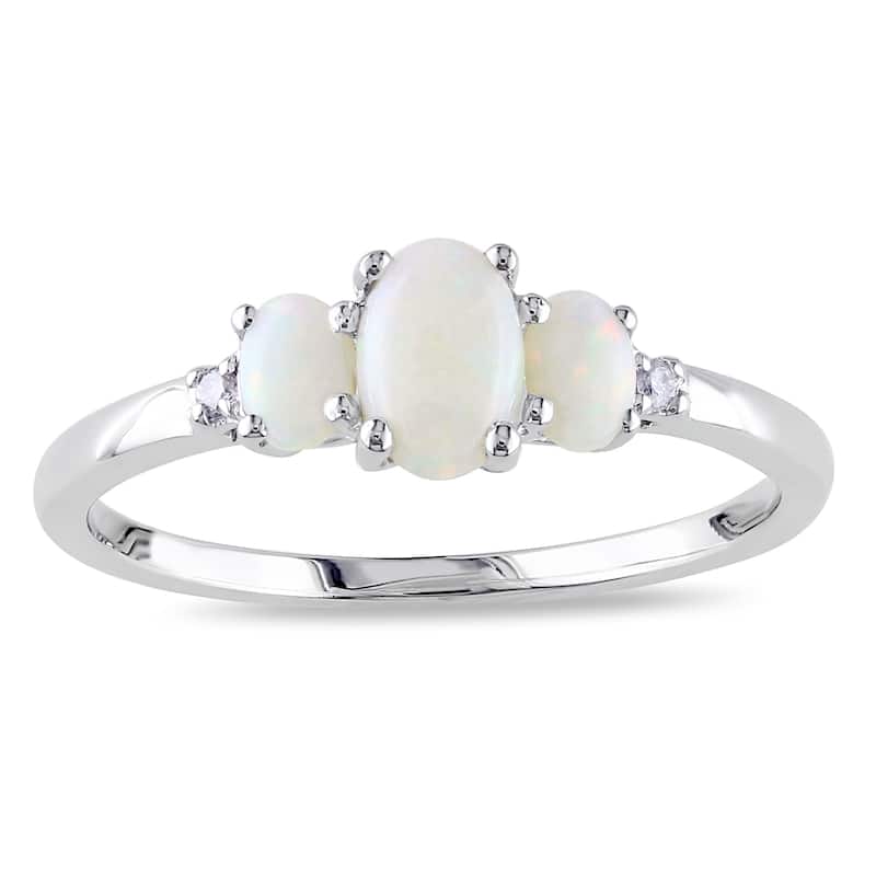 Miadora 10k White Gold Opal and Diamond Three Stone Ring - 4.5