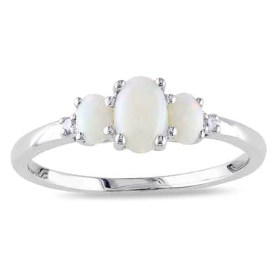 Miadora 10k White Gold Opal and Diamond Three Stone Ring