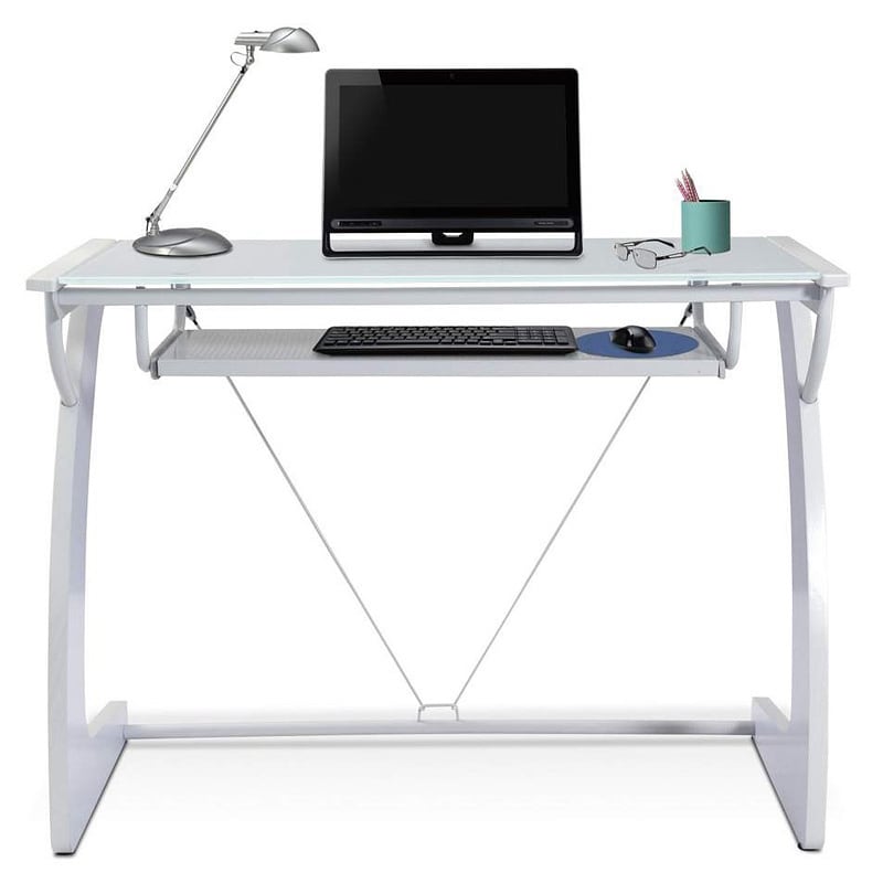 White Glass Desk With Keyboard Tray (WhiteMaterials Glass, MDF, steelDimensions 40 inches long x 20 inches wide x 30 inches highModel O225 WHAssembly required )