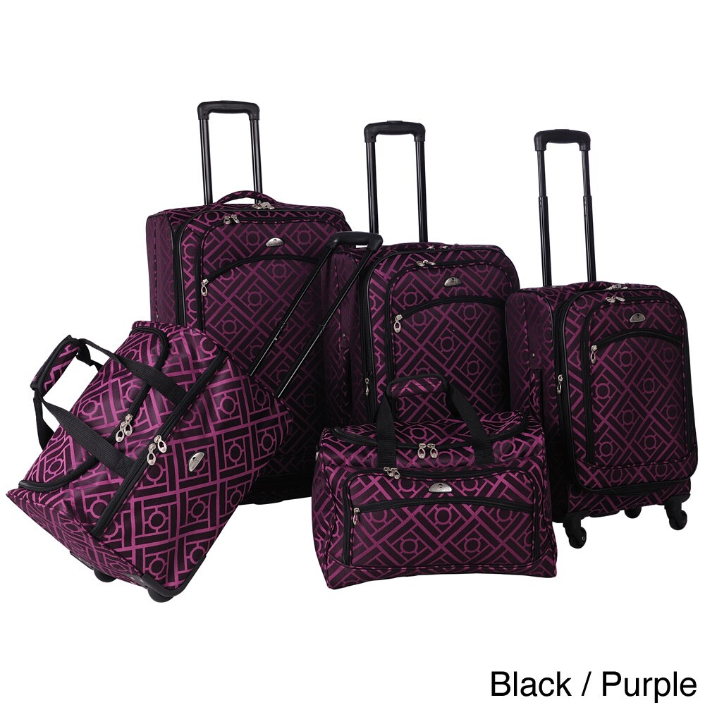 American Flyer Astor Collection 5 piece Spinner Luggage Set (Purple/black/whiteMaterials PolyesterExterior dimensions of each piece Large Spinner Upright 28 inches high x 18 inches wide x 12 inches deep, 9.4lbsMedium Spinner Upright 26 inches high x 16 