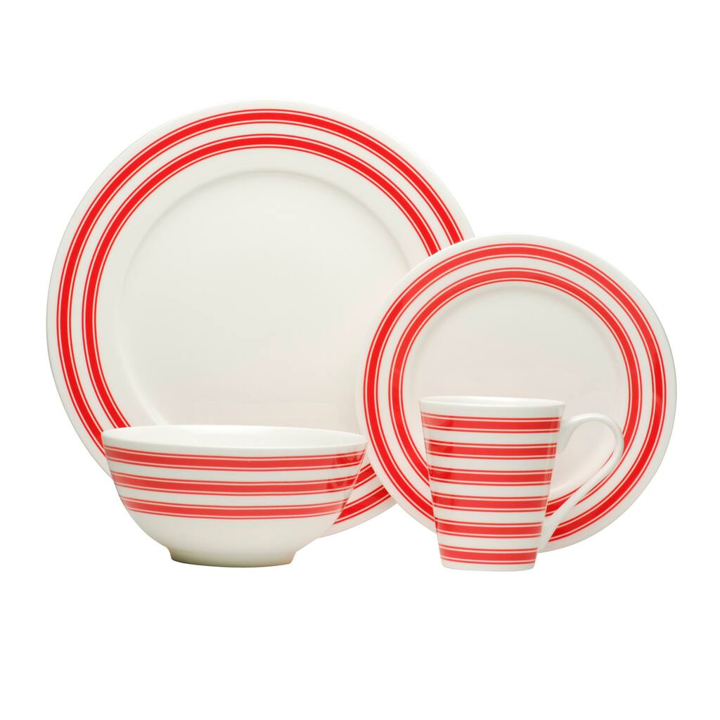 Red Race Stripe White Dinner Set (Set of 16)