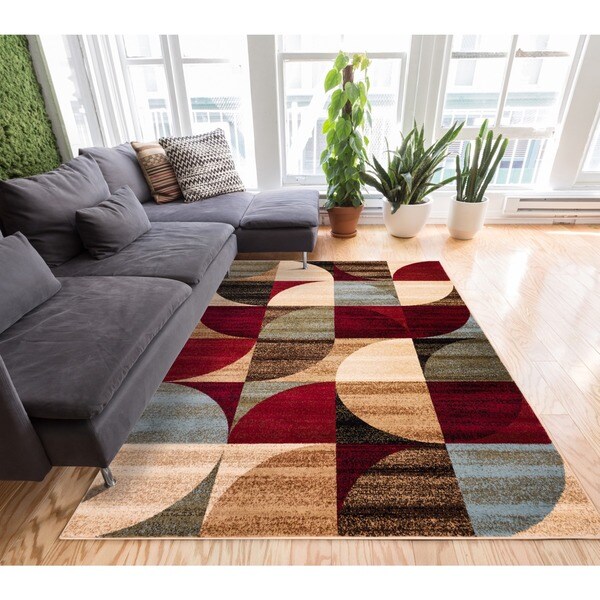 Geometric Abstract Patchwork Modern Shapes Ivory, Beige, Red, Blue, and Brown Area Rug - 7'10 x 9'10