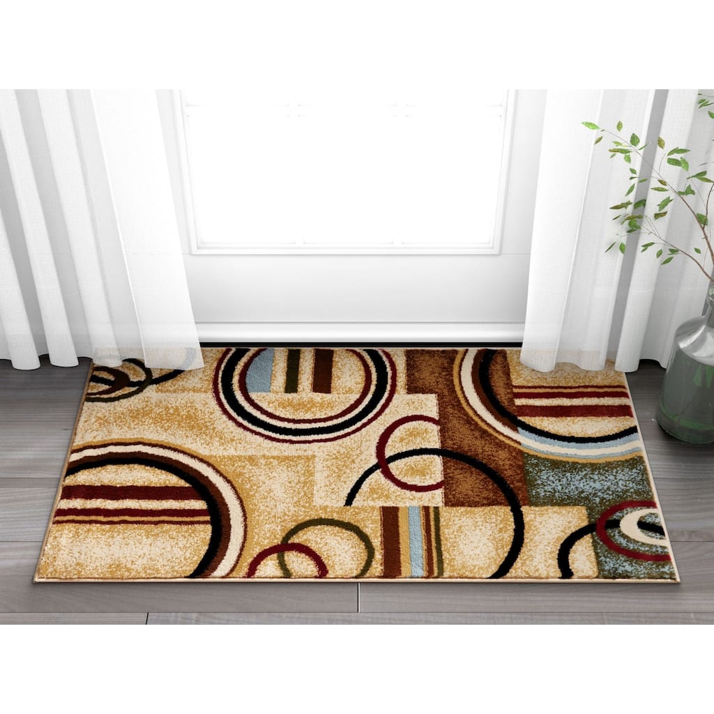 Well Woven Modern Abstract Ivory Beige Brown Blue Red Mat Accent Rug - 2'3" x 3'11"