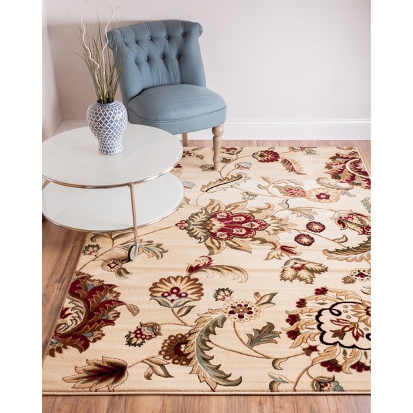 Well Woven Transitional Oriental Garden Floral Ivory, Red, Green, Beige Area Rug - 5'3" x 7'3"