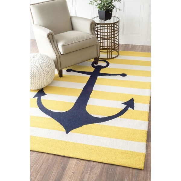 Brooklyn Rug Co Hand-hooked Novelty Stripe Nautical Anchors Yellow Wool Rug  (5' x 8') - Bed Bath & Beyond - 8646687