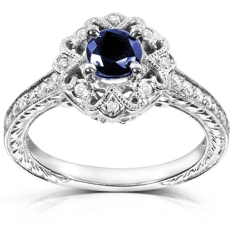 Annello by Kobelli 14k White Gold Round-cut Blue Sapphire and Diamond Vintage Engagement Ring