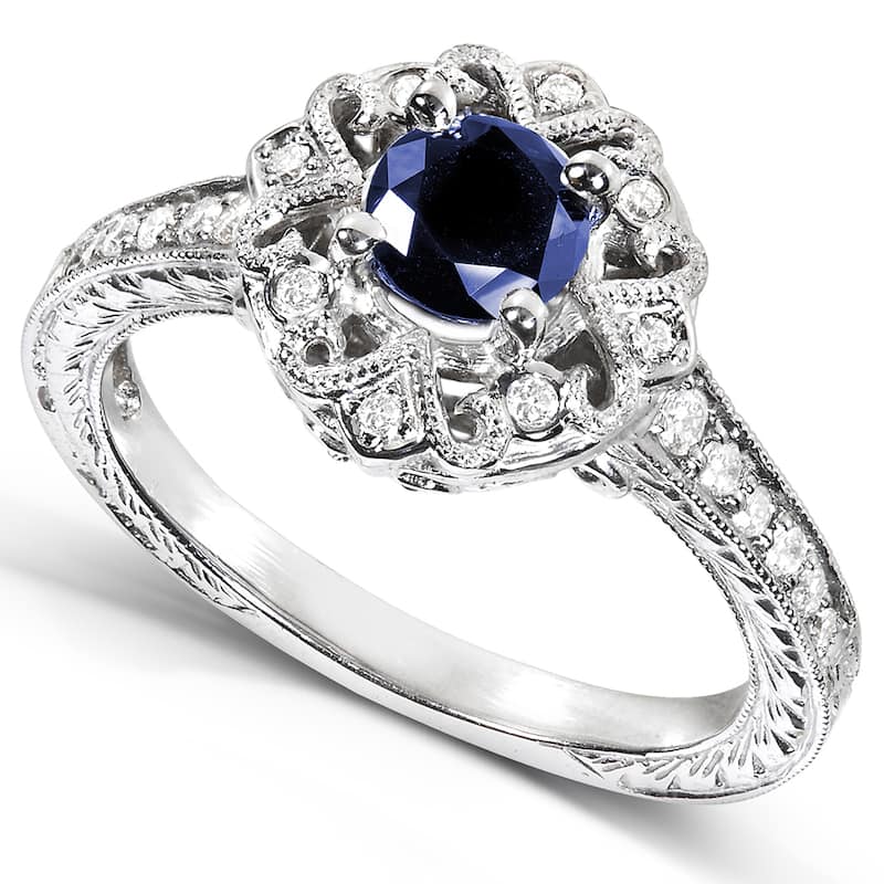 Annello by Kobelli 14k White Gold Round-cut Blue Sapphire and Diamond Vintage Engagement Ring