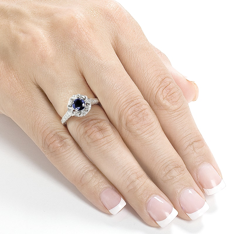 Annello by Kobelli 14k White Gold Round-cut Blue Sapphire and Diamond Vintage Engagement Ring