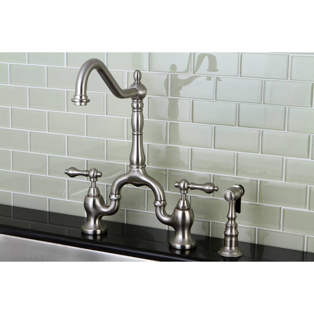 Kingston Brass Victorian High Spout Brushed Nickel Bridge Double-handle Kitchen Faucet
