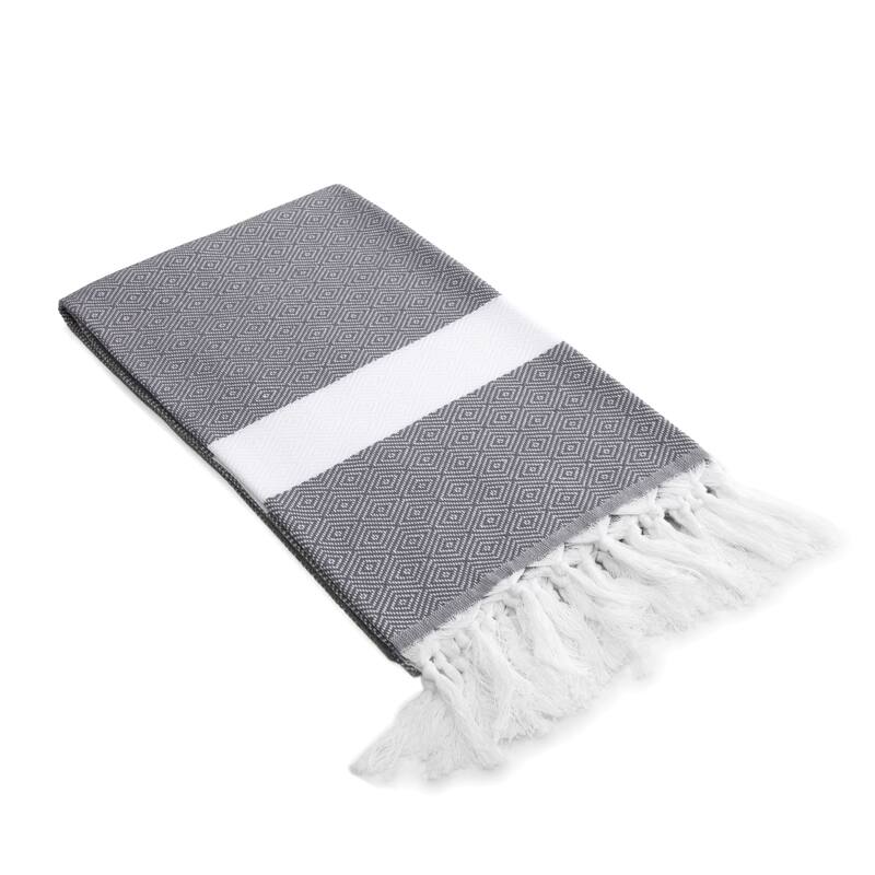 Authentic Pestemal Fouta Diamond Weave Turkish Cotton Bath/ Beach Towel - Grey and White