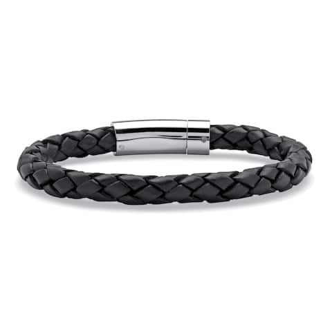 Men's Black Leather Bracelet with Stainless Steel Slip Lock Closure 9" or 10"